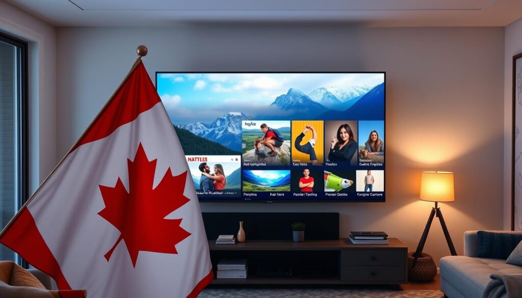 Generate an image of a Canadian flag with a TV screen displaying various channels