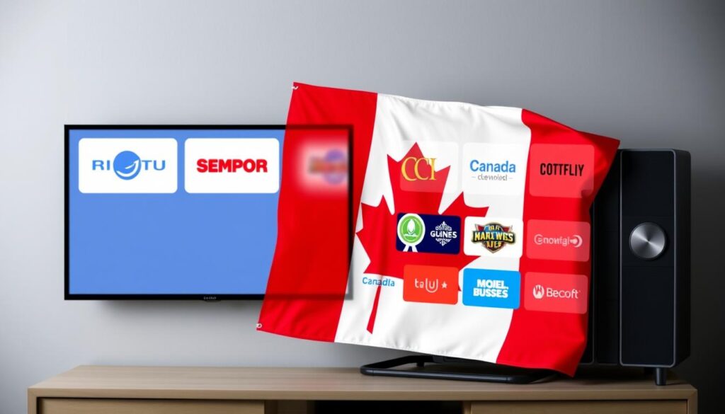 Generate an image of a Canadian flag with a TV screen displaying various channels