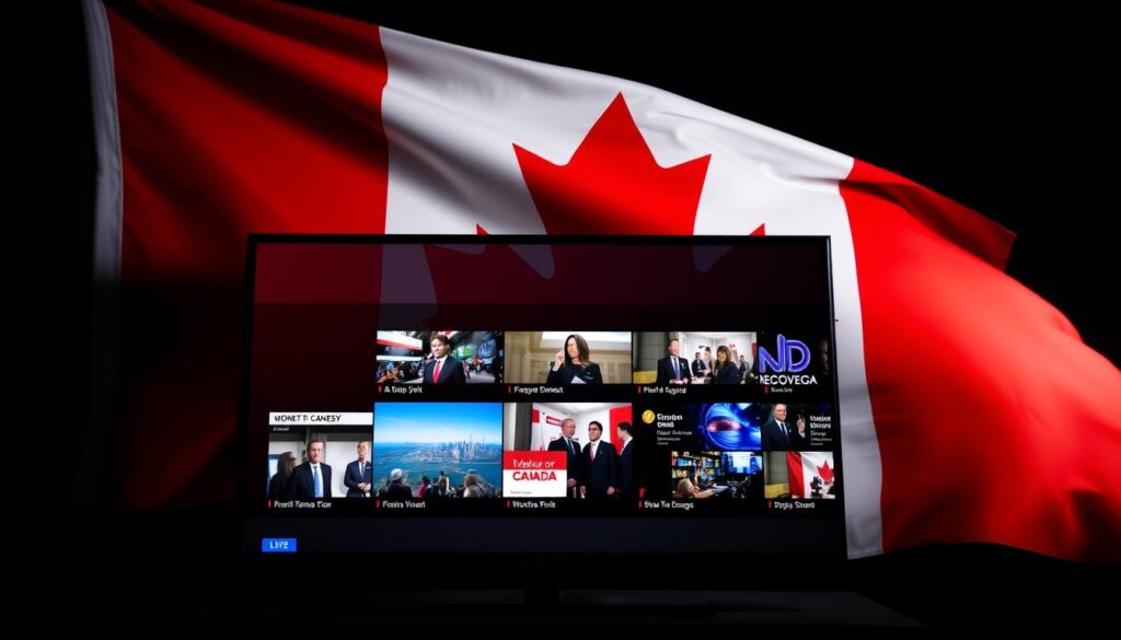 Generate an image of a Canadian flag with a TV screen displaying various channels.