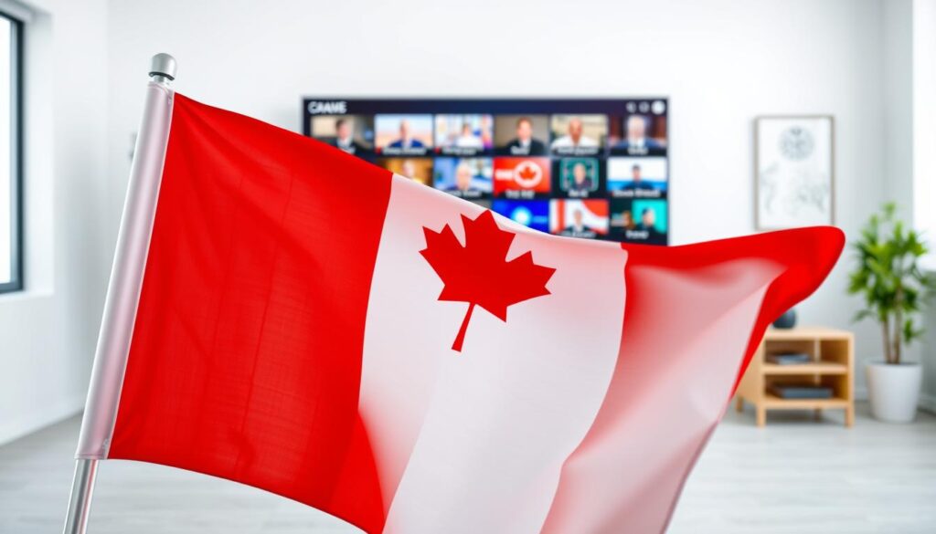 Generate an image of a Canadian flag with a TV screen displaying various channels in the background.