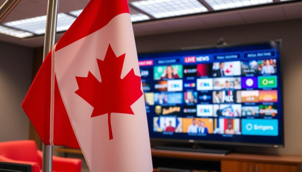 Generate an image of a Canadian flag with a TV screen displaying various channels in the background.