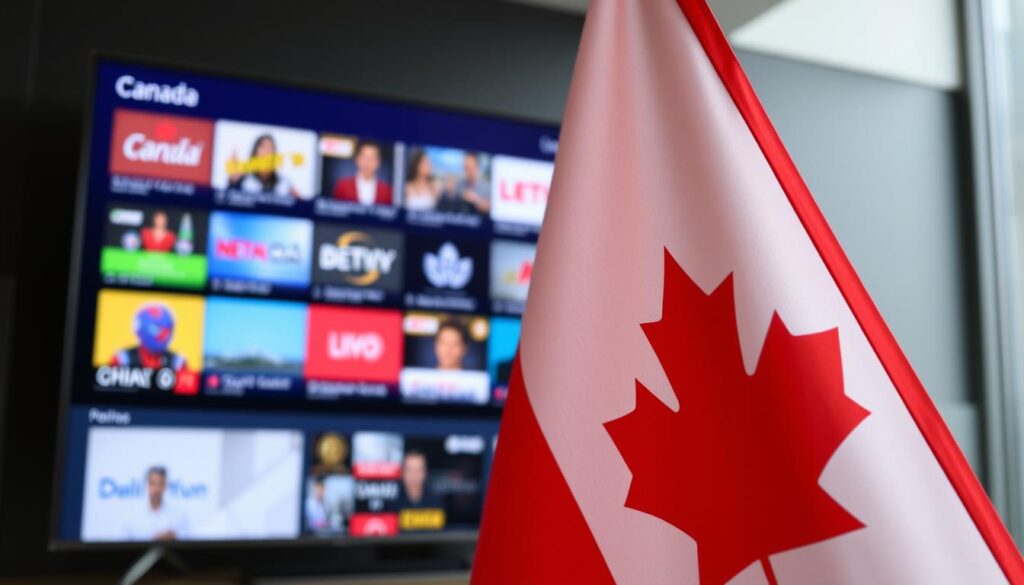 Generate an image of a Canadian flag with a TV screen displaying various channels in the background.