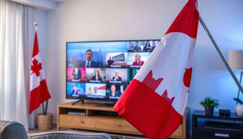 Generate an image of a Canadian flag with a TV screen displaying various local channels.