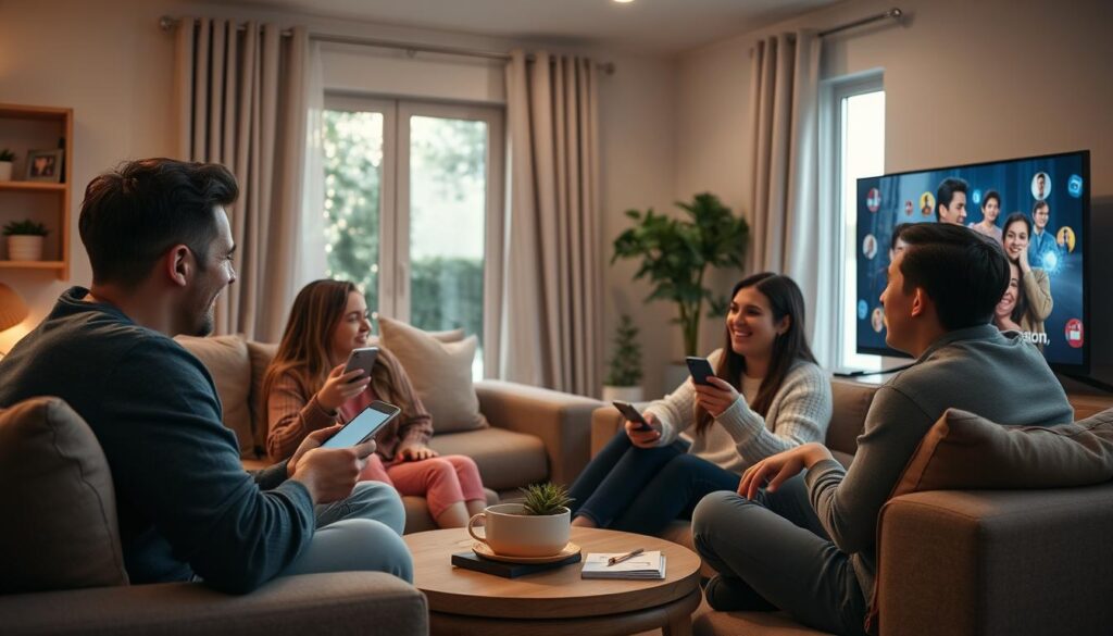 Generate an image of a Canadian household enjoying their favorite TV show on multiple devices with Sonix IPTV. Generate an image of a Canadian household enjoying their favorite TV show on multiple devices with Sonix IPTV.