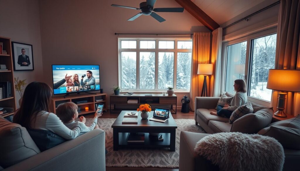 Generate an image of a Canadian living room with multiple devices streaming Royal Stream TV.