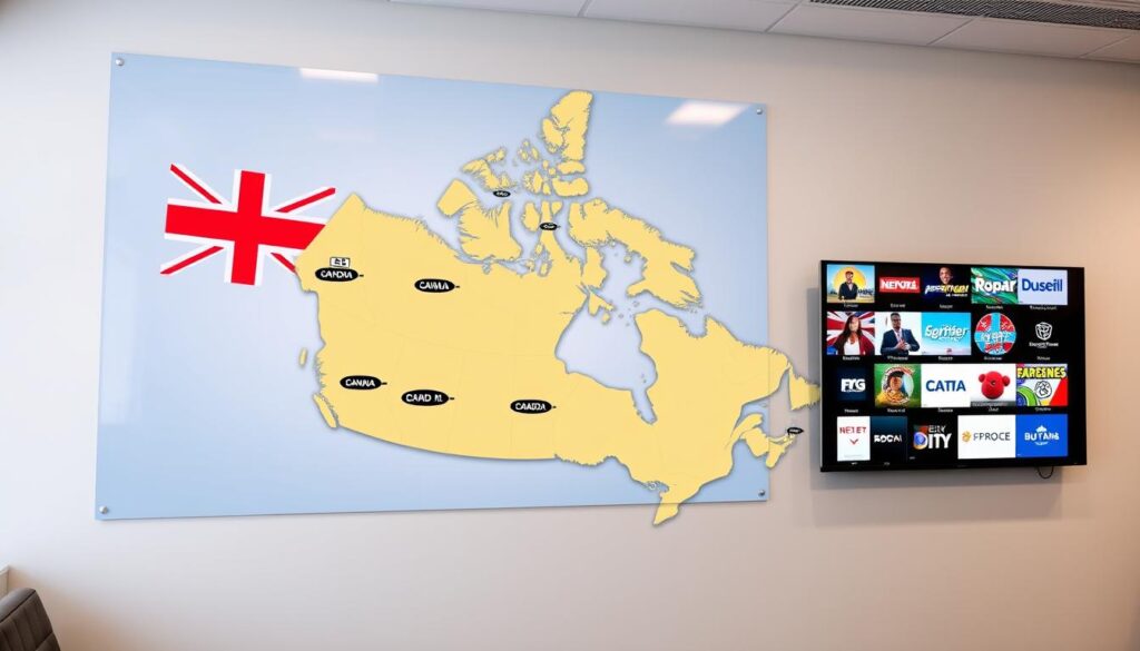 Generate an image of a Canadian map with a TV screen displaying local channels