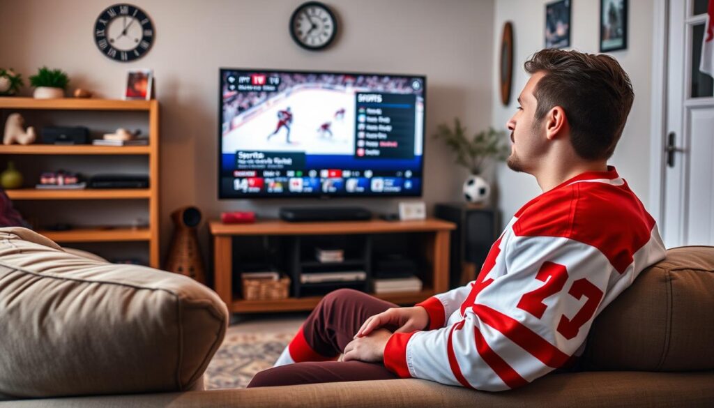 Generate an image of a Canadian sports fan watching a hockey game on their TV with a Pioneer TV IPTV service interface on the screen.
