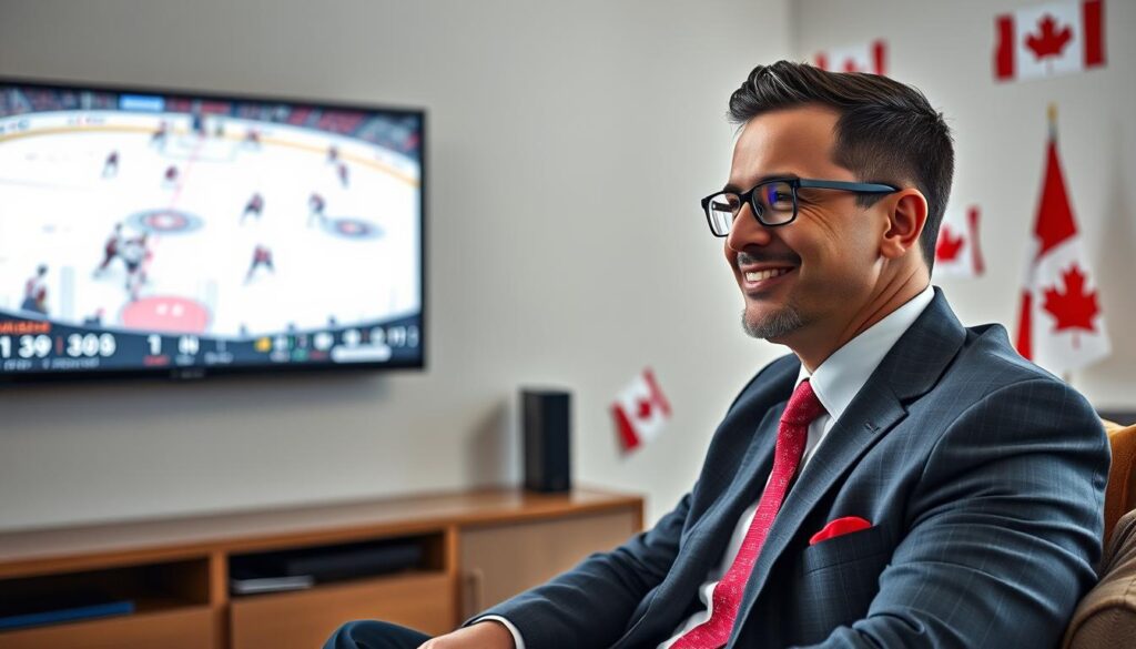 Generate an image of a Canadian sports fan watching a hockey game on their TV with a satisfied expression, surrounded by Pioneer TV logos and Canadian flags. Generate an image of a Canadian sports fan watching a hockey game on their TV with a satisfied expression, surrounded by Pioneer TV logos and Canadian flags.