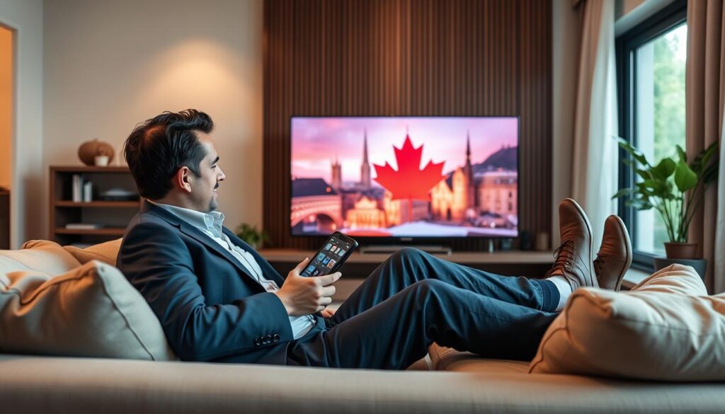 Generate an image of a Canadian viewer enjoying IPTV on multiple devices at home. Generate an image of a Canadian viewer enjoying IPTV on multiple devices at home.