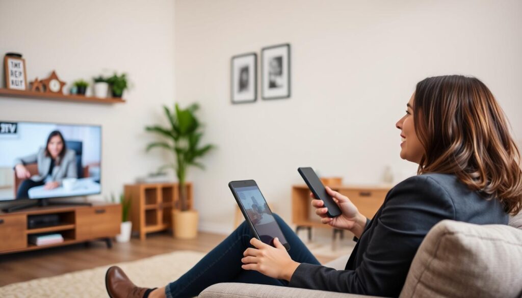 Generate an image of a Canadian viewer enjoying IPTV on their device.