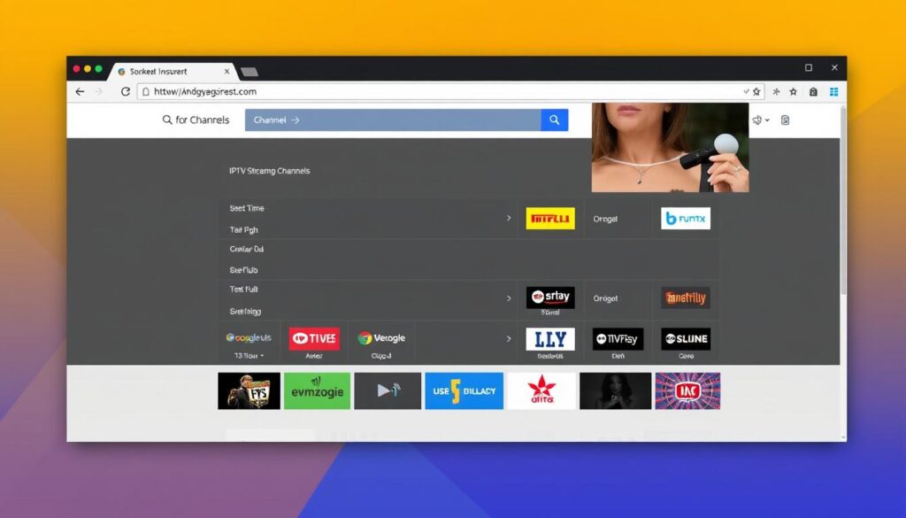 Generate an image of a Chrome browser with an IPTV streaming extension installed, showing a clean interface with various channels listed. Generate an image of a Chrome browser with an IPTV streaming extension installed, showing a clean interface with various channels listed.