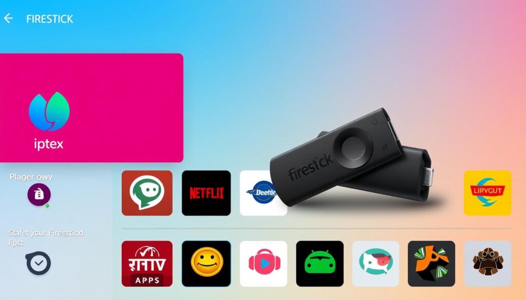 Generate an image of a Firestick interface showing IPTV player apps. Generate an image of a Firestick interface showing IPTV player apps.