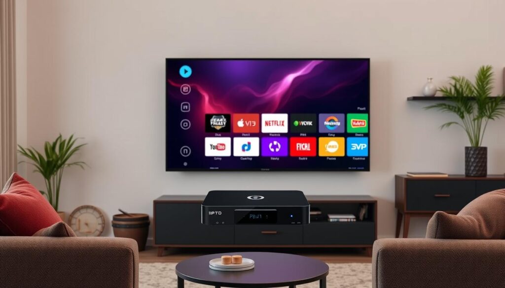 Generate an image of a Formuler IPTV box with its interface displayed on a TV.