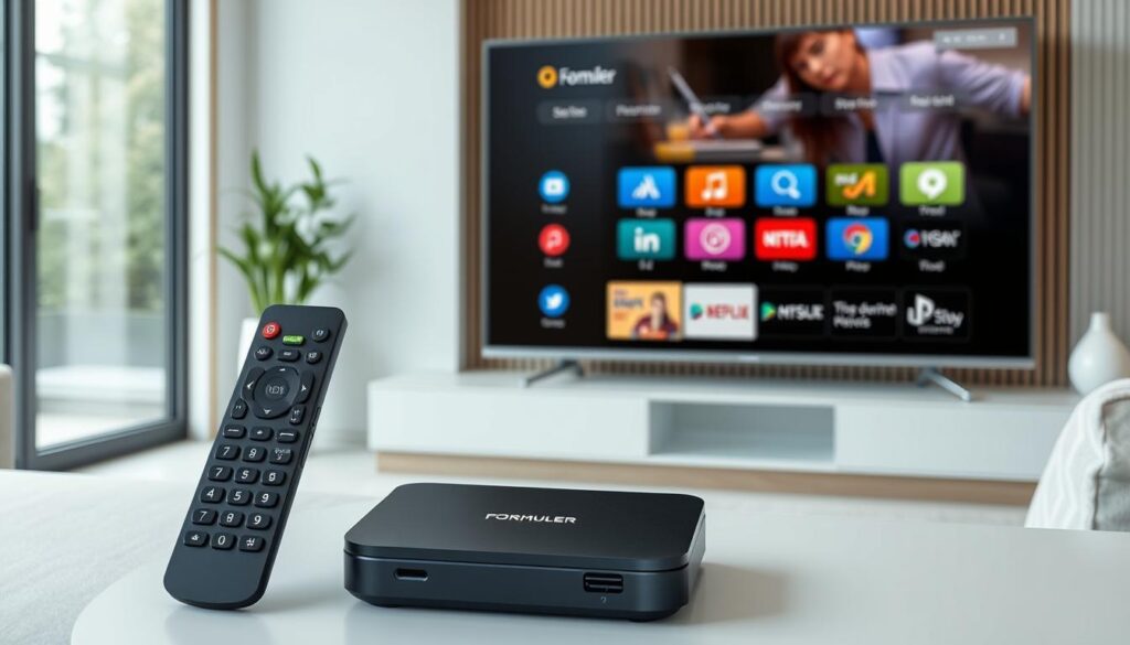 Generate an image of a Formuler Z8 IPTV box with its remote control, highlighting its IPTV interface.