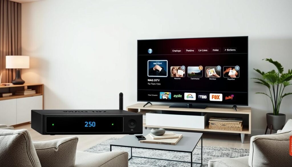 Generate an image of a MAG 322 IPTV box connected to a TV, showing its setup screen.