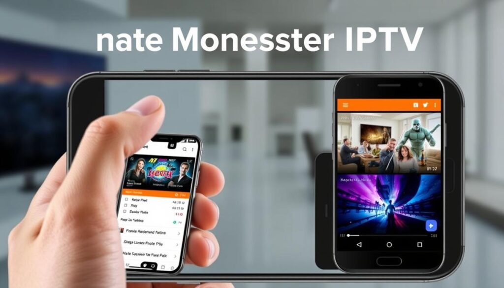 Generate an image of a Monster IPTV app on a mobile device. Generate an image of a Monster IPTV app on a mobile device.