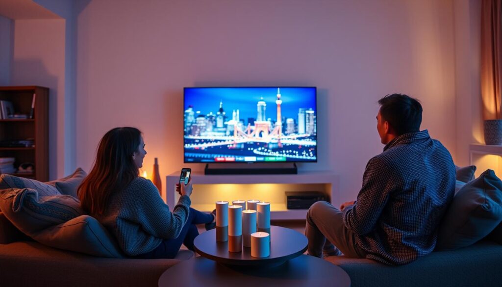 Generate an image of a Montreal family watching BossTV on their smart TV. Generate an image of a Montreal family watching BossTV on their smart TV.