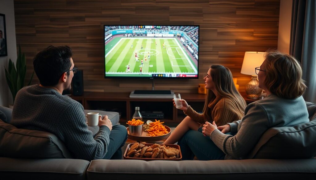 Generate an image of a Montreal family watching sports on Pioneer TV