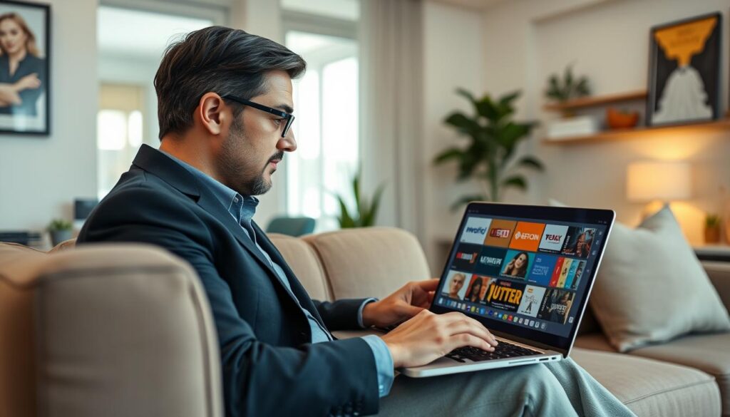 Generate an image of a Montreal resident browsing VMedia's channel packages