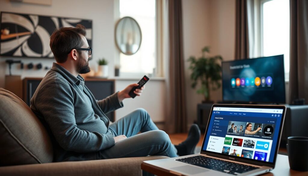 Generate an image of a Montreal resident configuring their IPTV Geeks service