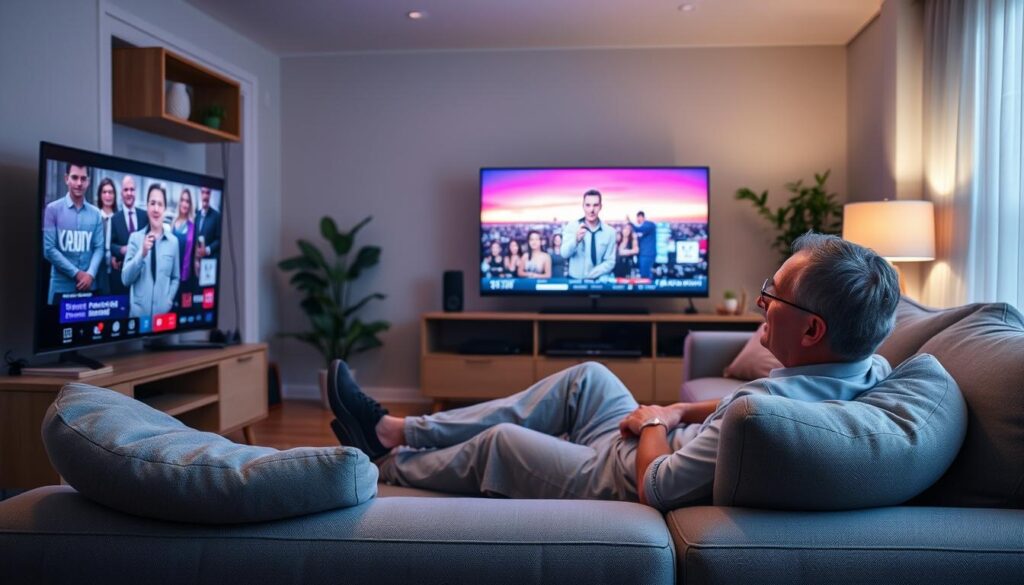 Generate an image of a Montreal resident enjoying their favourite TV show on Sonix IPTV