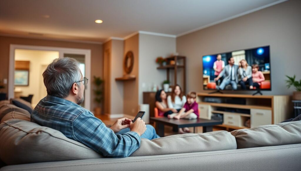 Generate an image of a Montreal resident using VMedia IPTV on their TV. Generate an image of a Montreal resident using VMedia IPTV on their TV.