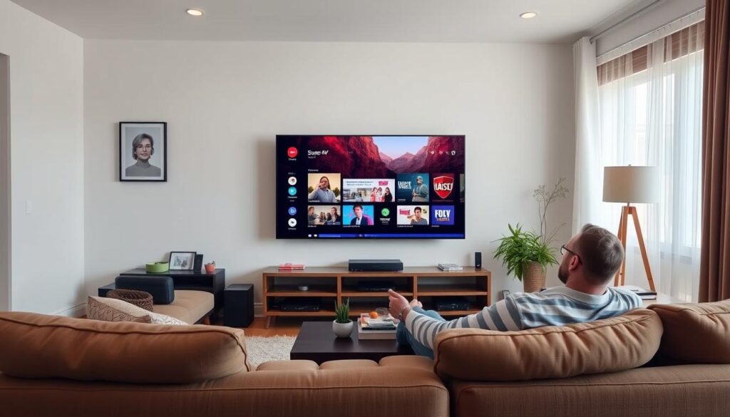 Generate an image of a Montreal user enjoying Super4K IPTV on their 4K TV. Generate an image of a Montreal user enjoying Super4K IPTV on their 4K TV.