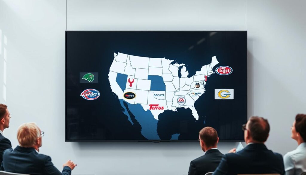 Generate an image of a North American map with a TV screen displaying sports channels.