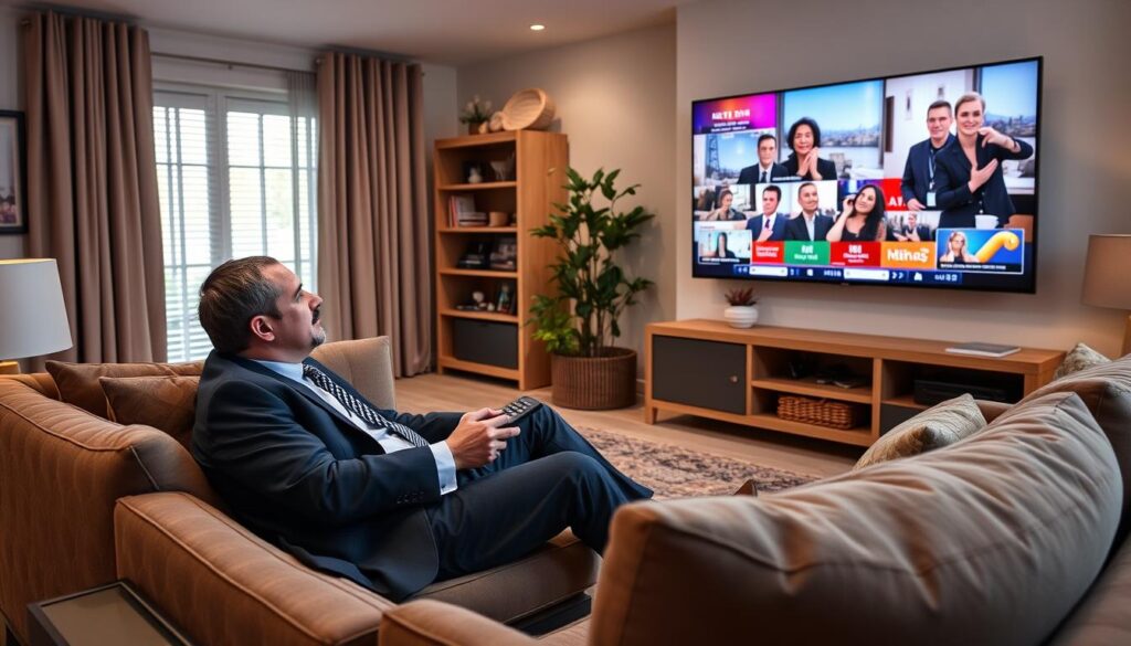 Generate an image of a North American viewer enjoying their favorite local channel on EagleCast TV.