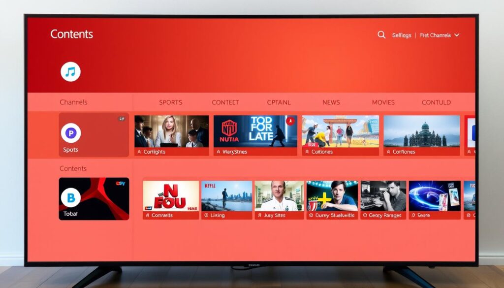 Generate an image of a TV screen displaying multiple channels and content options. Generate an image of a TV screen displaying multiple channels and content options.