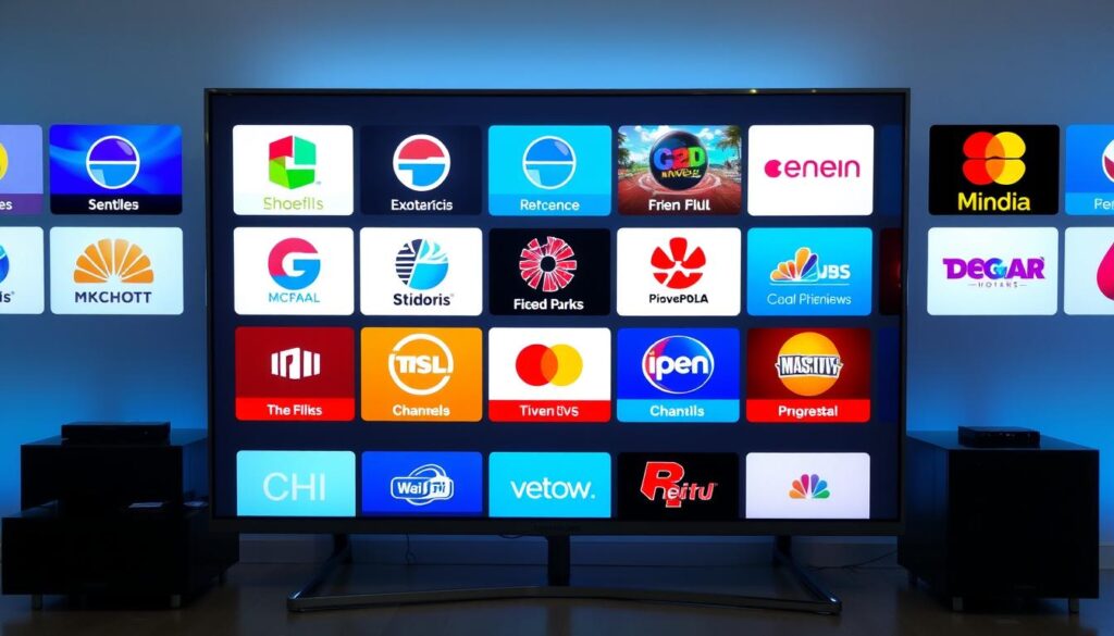 Generate an image of a TV screen displaying various IPTV channels