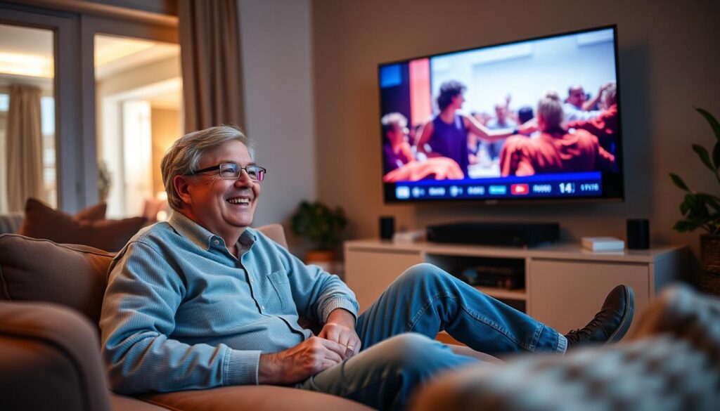 Generate an image of a Vancouver resident enjoying their favorite TV show on Sonix IPTV.