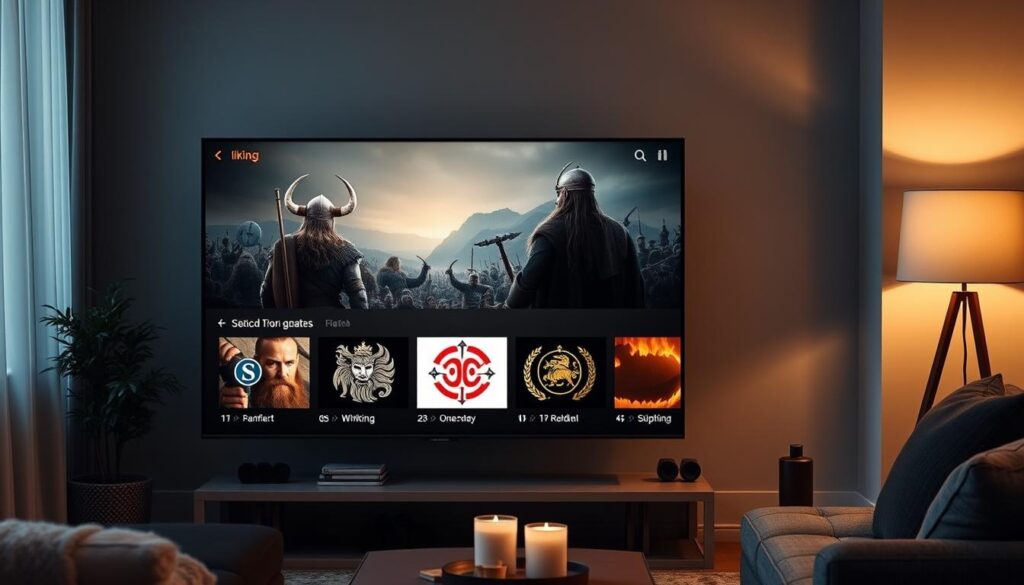 Generate an image of a Viking-themed IPTV interface on a smart TV. Generate an image of a Viking-themed IPTV interface on a smart TV.