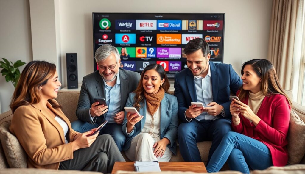 Generate an image of a customer enjoying a wide range of TV channels on various devices.