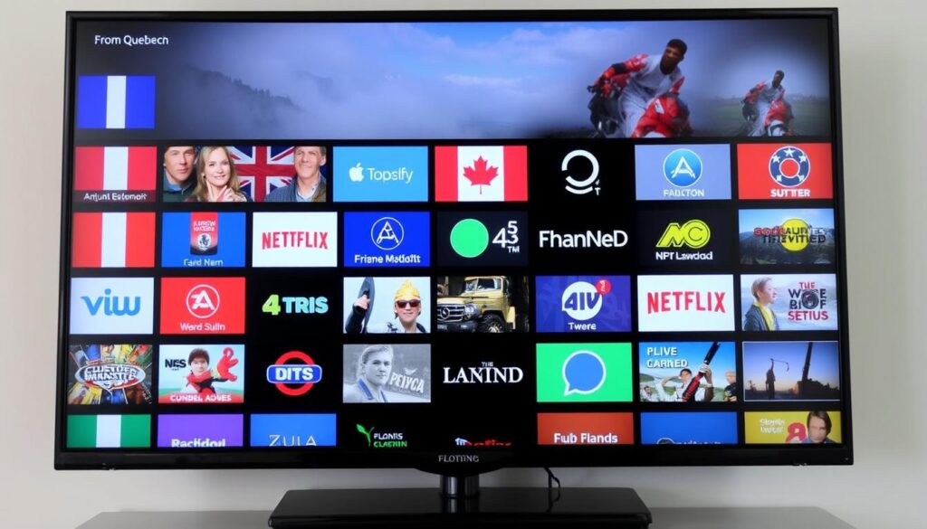 Generate an image of a diverse TV screen displaying various Quebec and international channels.