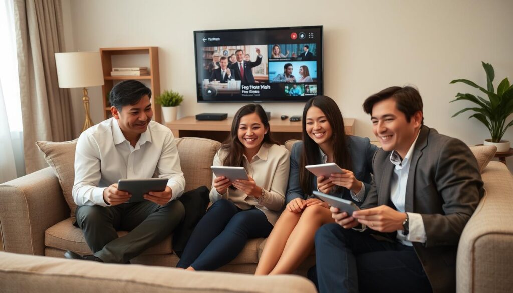 Generate an image of a family using multiple devices to stream content via Kick IPTV.