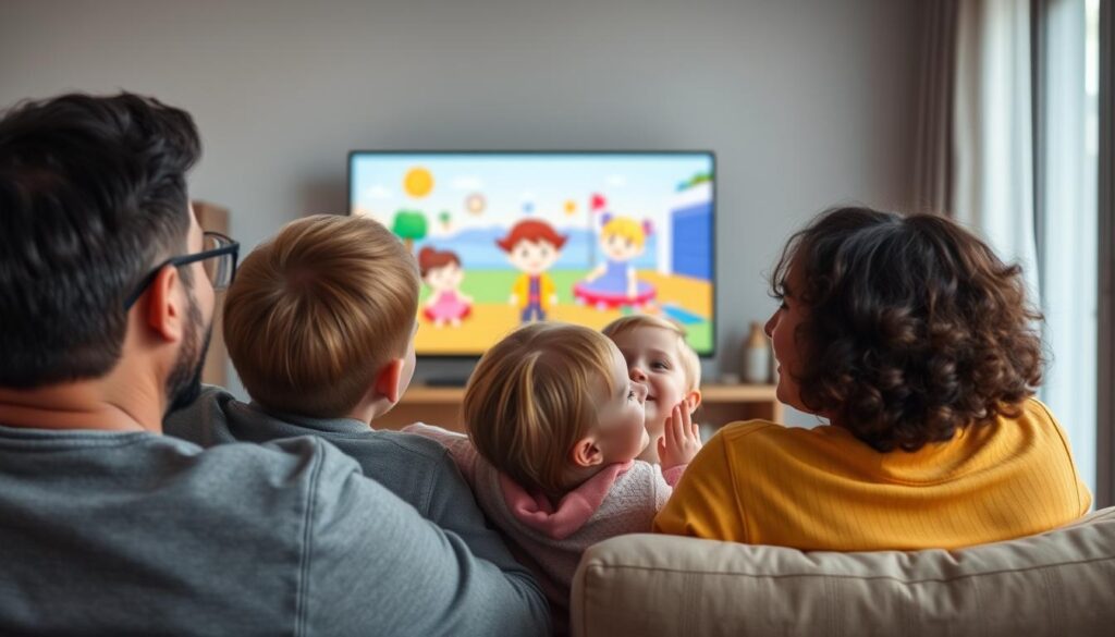 Generate an image of a family watching a kids' show on IPTV