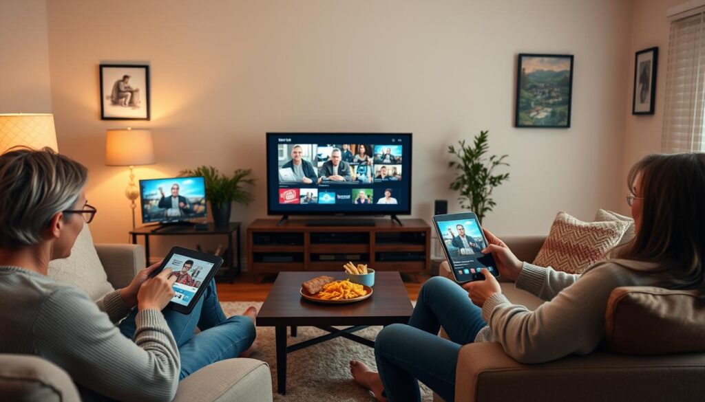 Generate an image of a family watching different TV channels on multiple devices simultaneously