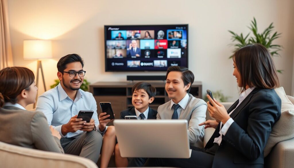 Generate an image of a family watching different TV channels on multiple devices using Pioneer TV.