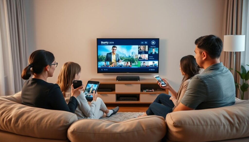 Generate an image of a family watching different TV shows on multiple devices