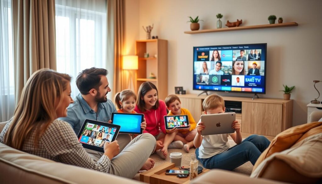 Generate an image of a family watching different channels on multiple devices using EagleCast TV.