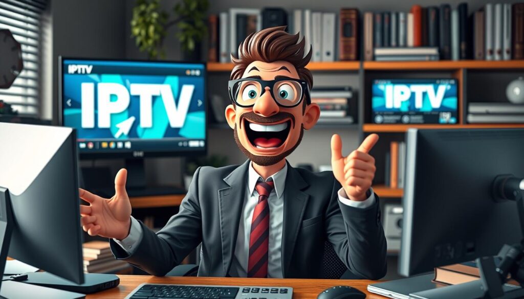 Generate an image of a geeky character enjoying IPTV on a computer.