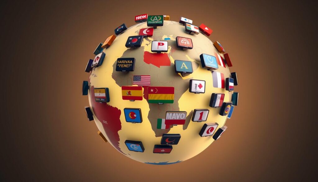 Generate an image of a globe with various TV channels streaming from different countries Generate an image of a globe with various TV channels streaming from different countries