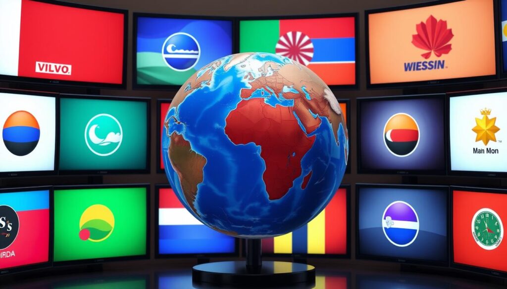 Generate an image of a globe with various TV channels streaming from different countries