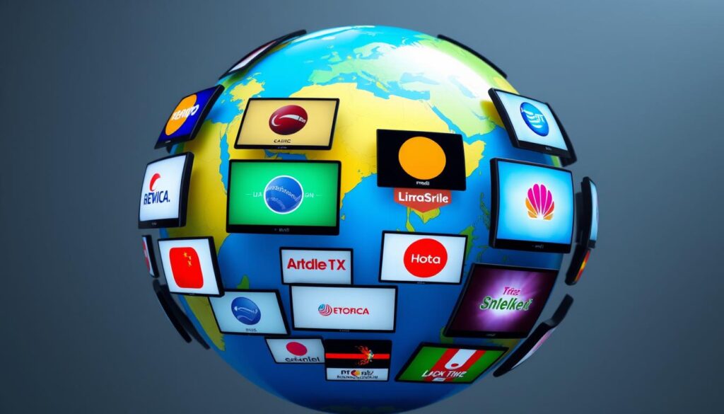 Generate an image of a globe with various TV channels streaming from different countries.