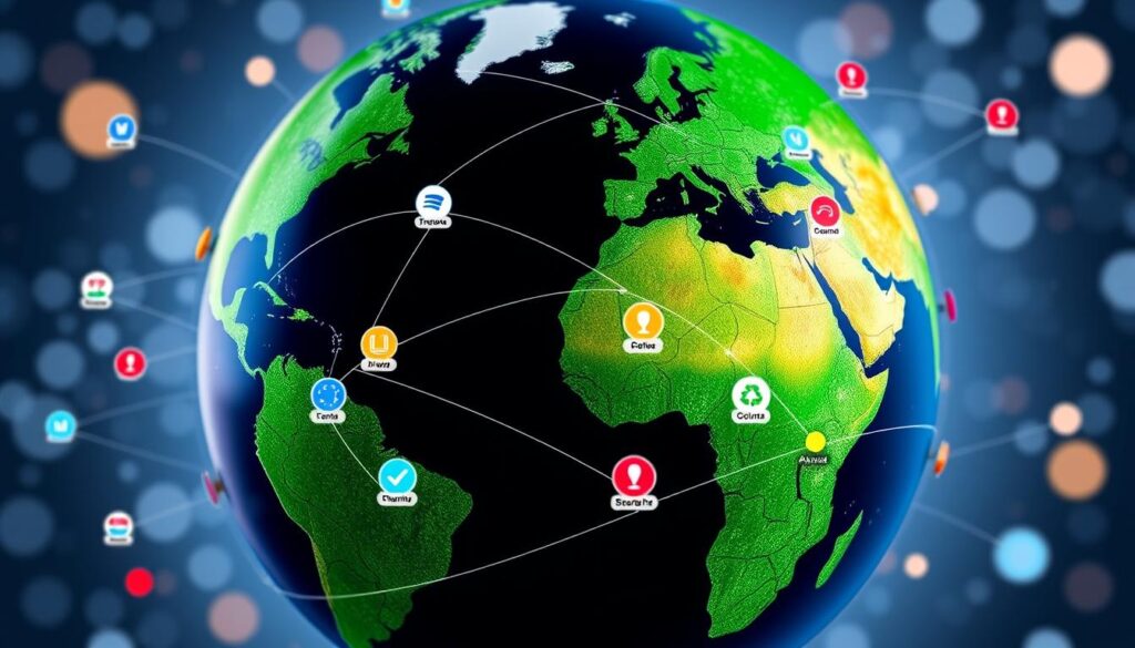 Generate an image of a globe with various international channels displayed.