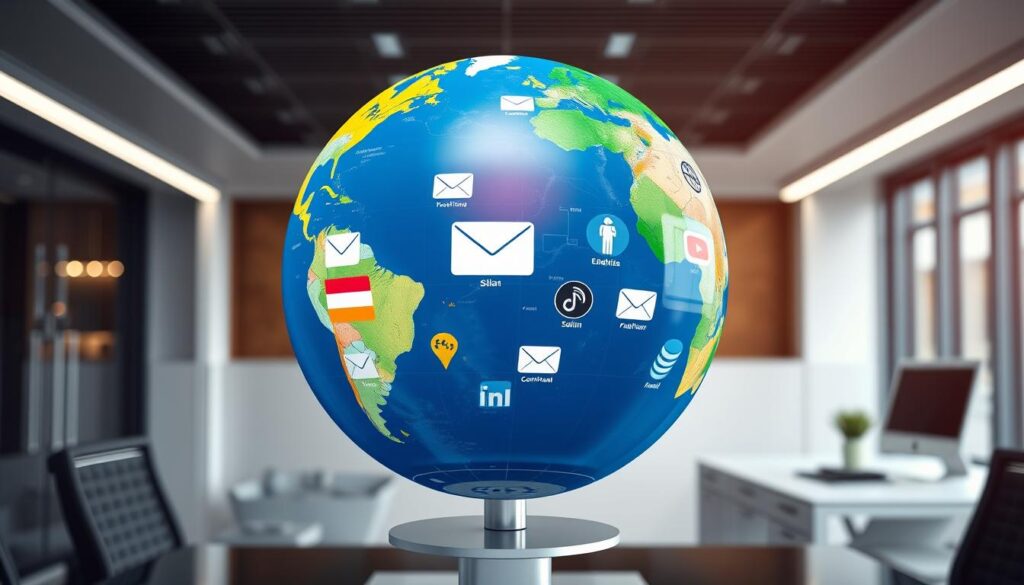 Generate an image of a globe with various international channels displayed on a screen.