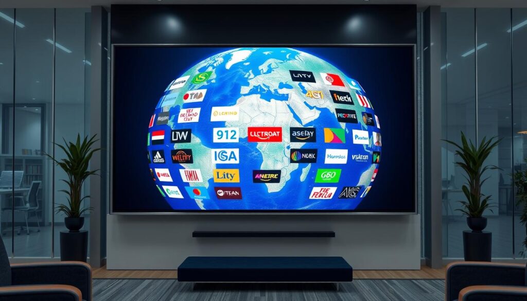 Generate an image of a globe with various international channels displayed on a screen, highlighting IPTV Geeks' international content.