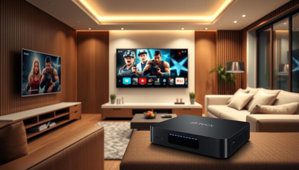 Generate an image of a high-quality IPTV box for movie streaming.