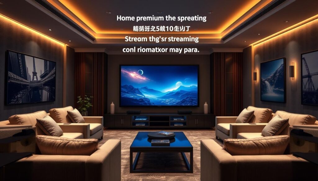 Generate an image of a luxurious home theater setup with a big screen, emphasizing Pioneers TV's premium streaming experience.